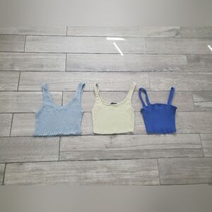 pastel green blue squareneck smocked sleeveless crop top • bundle of 3